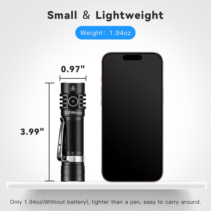 sofirn SC18 Rechargeable Flashlight 1800 High Lumens, Super Bright EDC Pocket Light with USB-C Charging, IP68 Waterproof Handheld Flashlight for Camping, Hiking, Dog Walking & Emergency