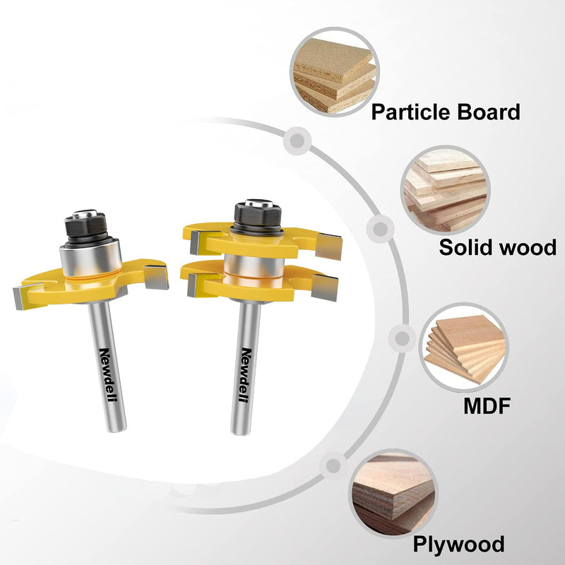 Newdeli Tongue and Groove Router Bit Set 1/4 Inch Shank - 2pcs Router Bits for 3/4" Stock, 1/2" Cutting Depth - T Shape 3 Teeth Wood Milling Cutter Woodworking Tool 1/4" Shank * 3/4" Stock * 1/2" Depth