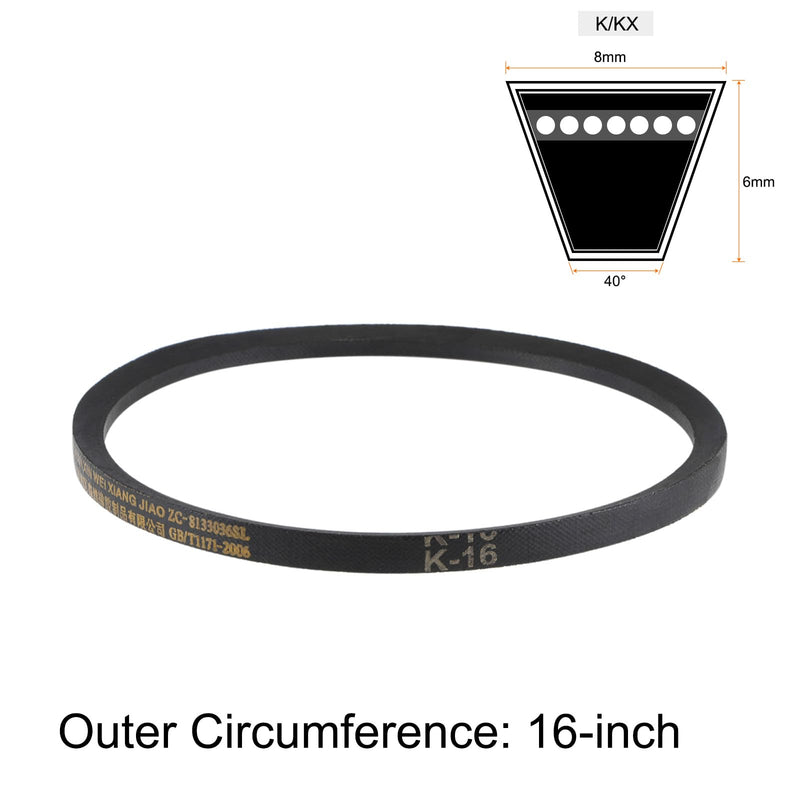 uxcell K-16 V Belt Machine Transmission Rubber, Black Replacement Drive Belt 16 inch Pitch Girth 8mm Width 6mm Height JIS Standard 16"