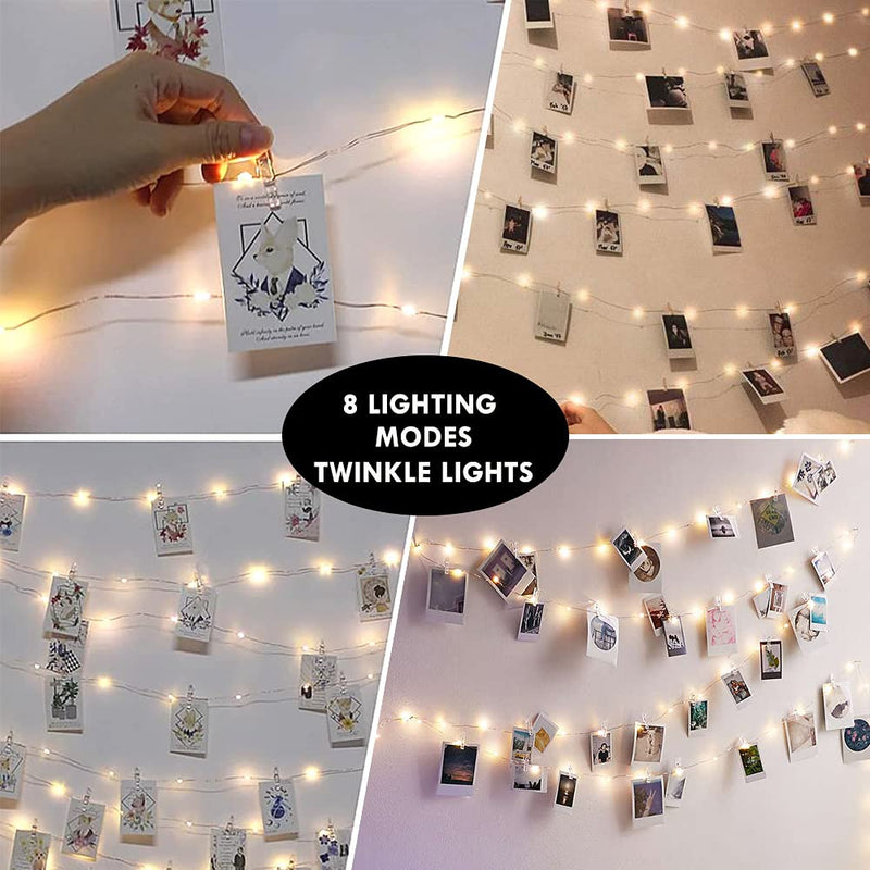 Photo Clip String Lights with Remote, 40FT 120 LED USB Powered Fairy Lights Picture Clips, 8 Modes with 50 Clear Clips for Dorm, Bedroom, Christmas, Party, Wedding Decor (Warm White) Warm White 8 Modes USB Powered-120LED