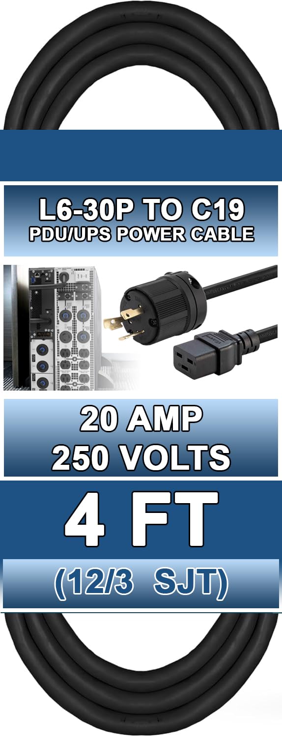 Heavy-Duty Power Cord for PDU and UPS, 20A, 12AWG, IEC-320-C19 to NEMA L6-30P, 4 ft
