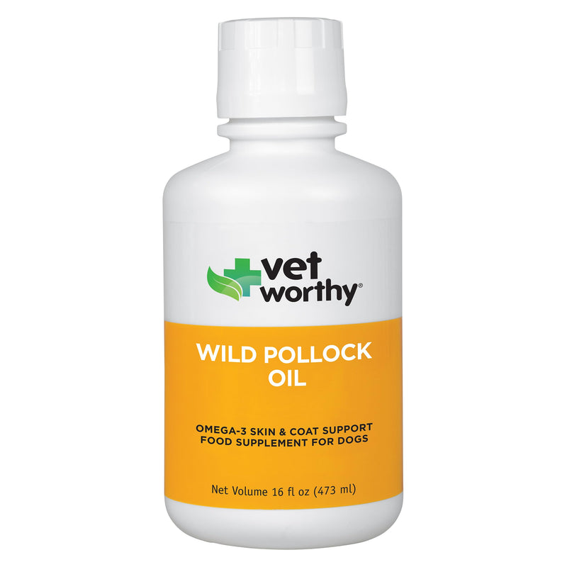 Vet Worthy Wild Pollock Oil for Dogs - All Natural Dog Supplement to Promote Skin and Coat, Heart, and Immune System Support - Liquid Fish Oil for Dogs - Easy to Use Mess-Free Bottle - 16 fl oz