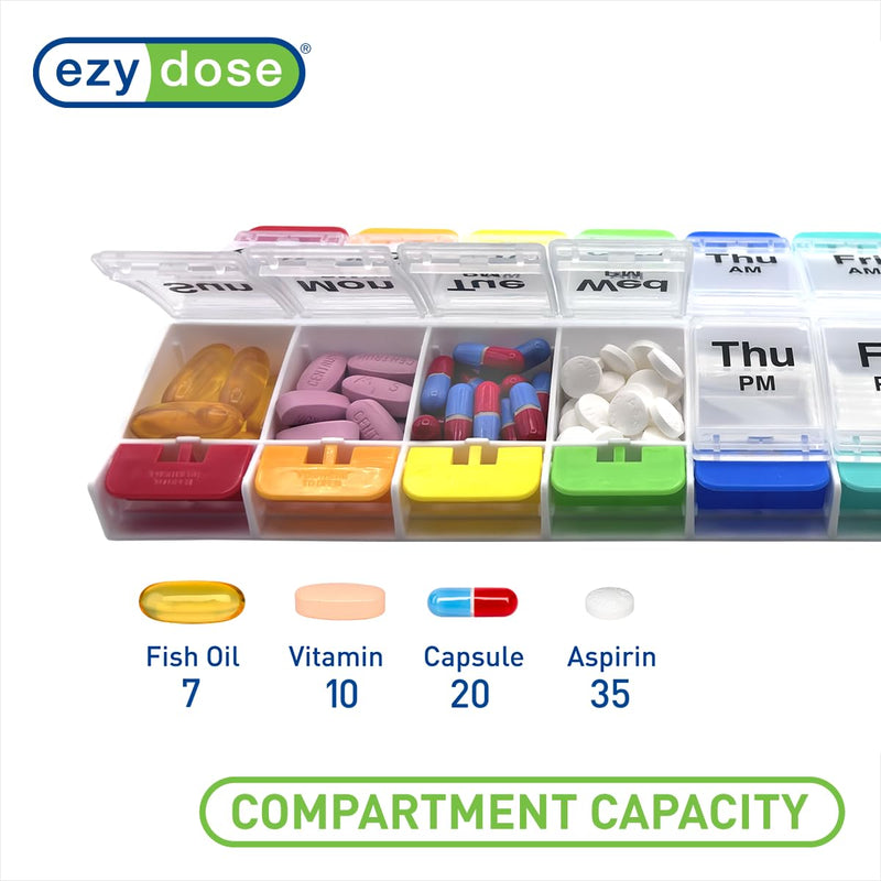 EZY DOSE Push Button (7-Day) Pill Case, Medicine Planner, Vitamin Organizer, 2 Times a Day, AM/PM Container, X-Large Compartments, Arthritis Friendly, Easy to Use, Clear Lids, Rainbow, BPA Free Rainbow/Clear