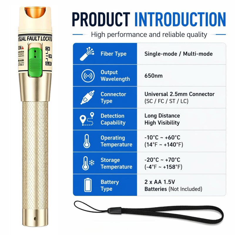 Visual Fault Locator Fiber Optic Tester, 2.5mm Universal Connector for LC/FC/SC/ST, Visual Fault Finder for FTTH Cable Breakpoint & Continuity Checking (Golden, 30-50KM) Golden