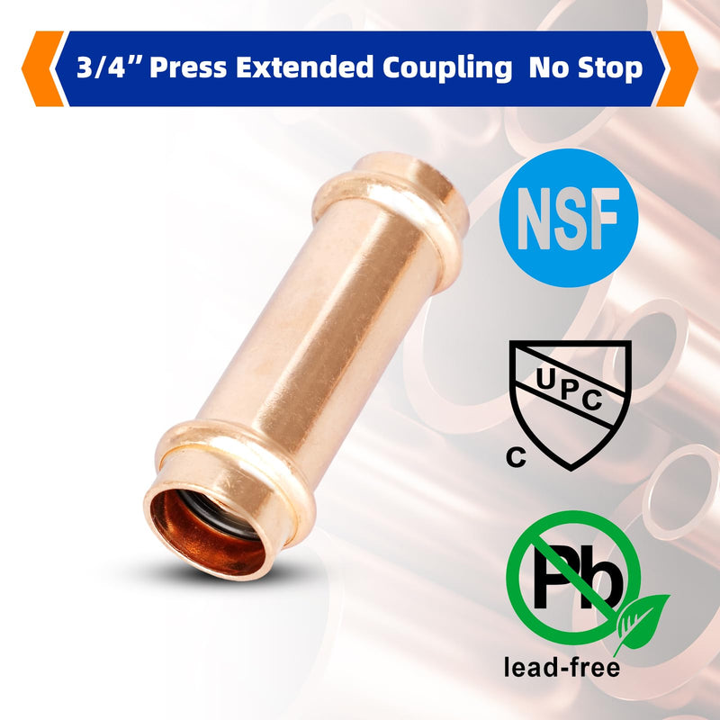 (Znkiok 5 Pack)3/4" Press Copper Fittings Zero Lead, 3/4 Inch Press Extended Coupling No Stop For Copper Tube Connection,UPC,NSF/ANSI61 Certified. 3/4"Press Extended Coupling NO Stop-5Pack