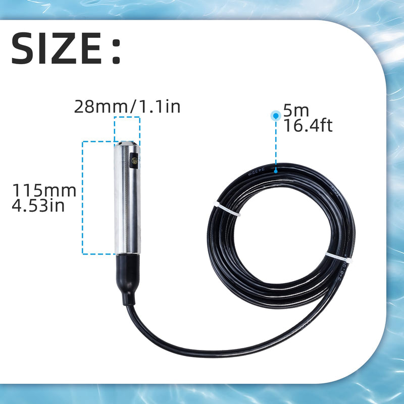 Submersible Level Transmitter, Liquid Water Level Transmitter Sensor 5M Cable Detect Controller Float Switch Pressure Transmitter, 4-20MA Stainless Steel Liquid Level Sensor for Pump Water 0-5M