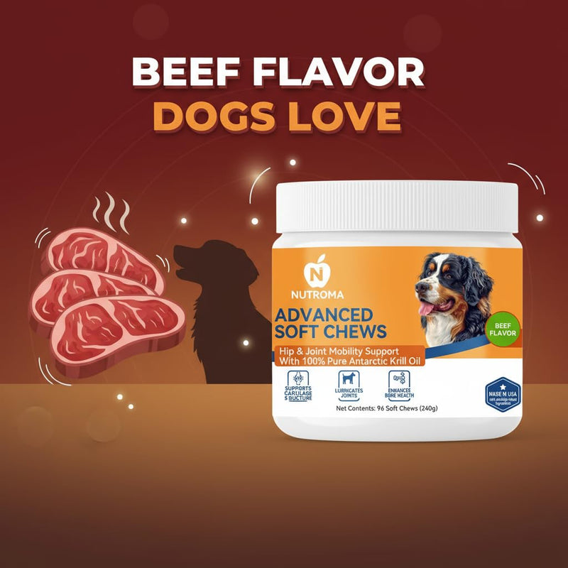 Advanced Soft Chews for Dogs – Hip & Joint Mobility Support with Antarctic Krill Oil, Eggshell Membrane & Hyaluronic Acid – 96 Chews (Beef) Beef