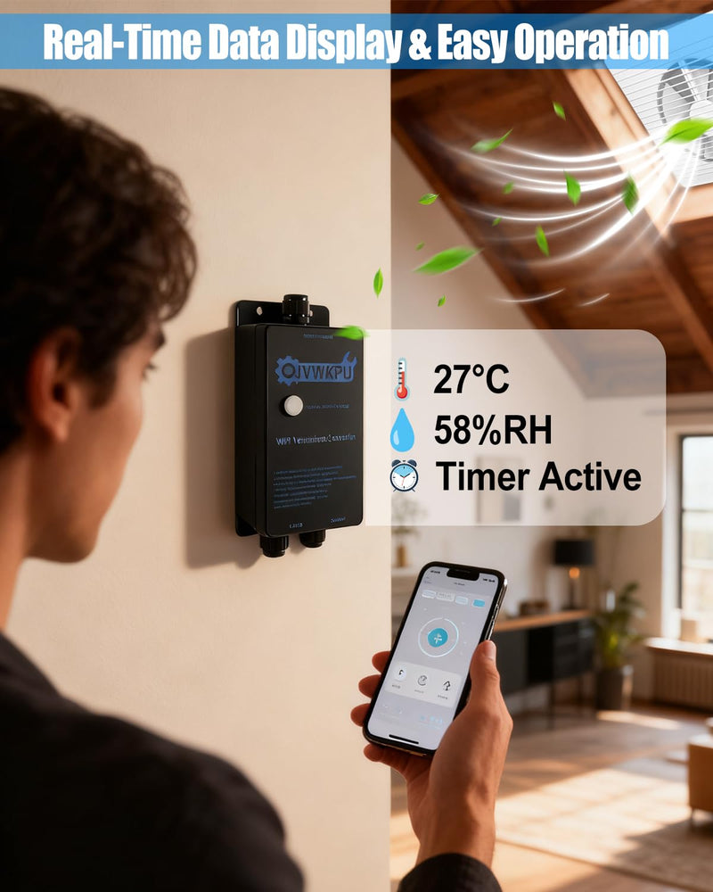 Temperature and Humidity Exhaust Fan Switch, Multi-Functional Vent Controller with IoT, Auto On/Off by Temp & Humidity, 25A Heavy-Duty Load