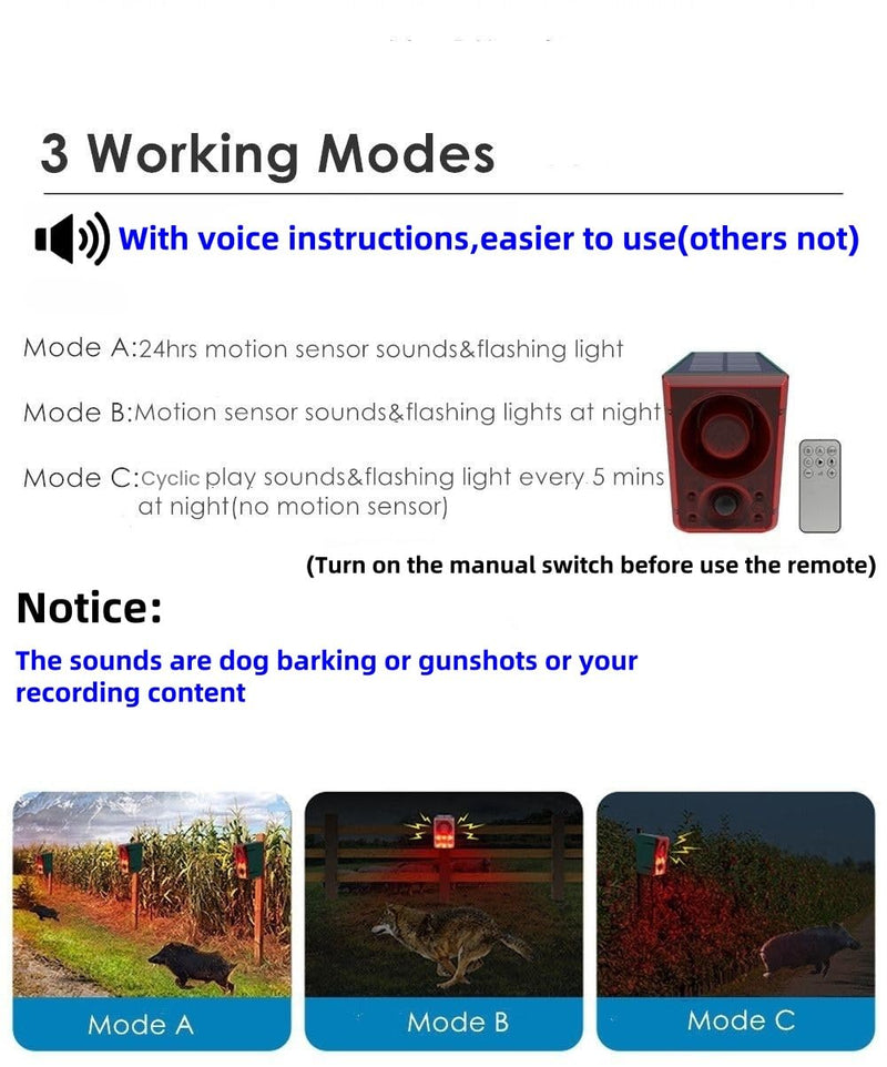 HULPPRE 2pack Solar Outdoor Motion Sensor Alarm-Dog Barking or Gunshot Sound,Support Recording&±Volume,130db Loud Noise Maker,3 Work Modes Strobe Light with USB,Say Goodbye to The Intruders