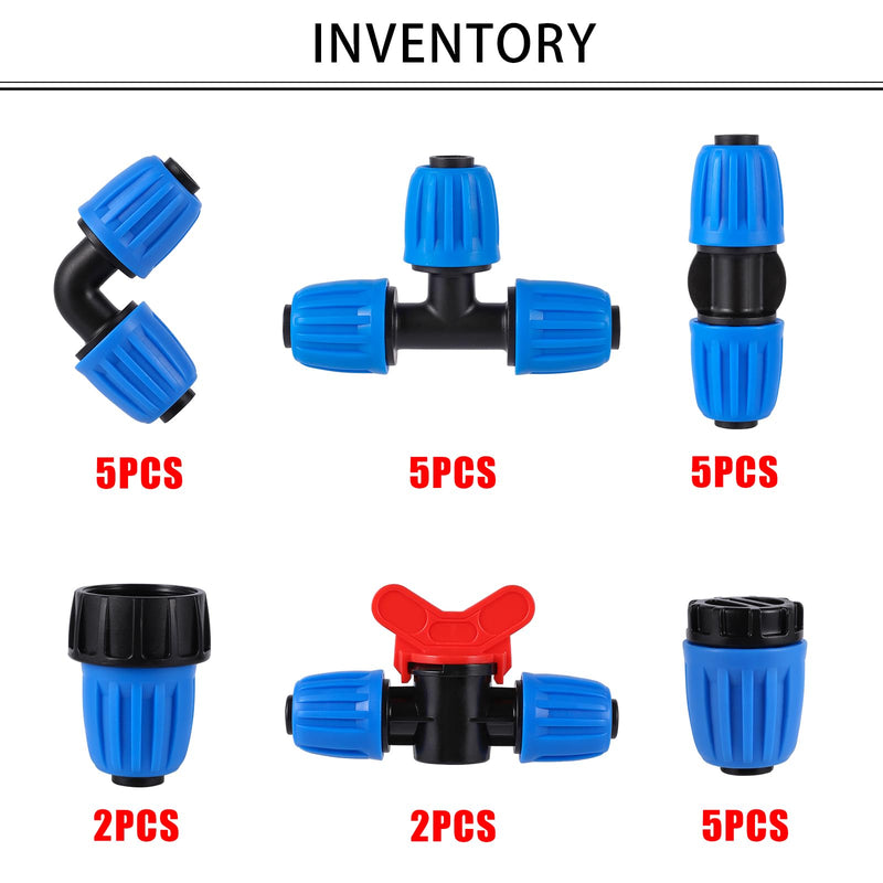 24 PCS Drip Irrigation Fittings Kit Blue Lock Barbed Connectors For 1/2 Inch 16MM Tubing (OD 0.620 in.ID is 0.520. in), 5 Tees,5 Straight,2 Switch Valves,5 End Cap,5 Elbows,2 Adapter 1/2 inch Fittings Kit