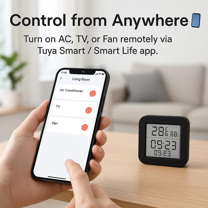 Universal WiFi IR Blaster Hub with Temp & Humidity Monitor (IR Only - No RF Blinds/Garages) - Smart Home Automation for AC, TV & Audio - Compatible with Smart Life Tuya Alexa Google