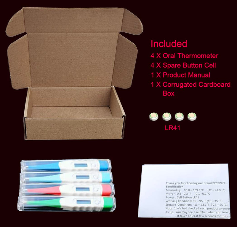 Oral Thermometer, Digital Thermometer for Oral, Rectal or Under Arm Use (A, Pack of 4)