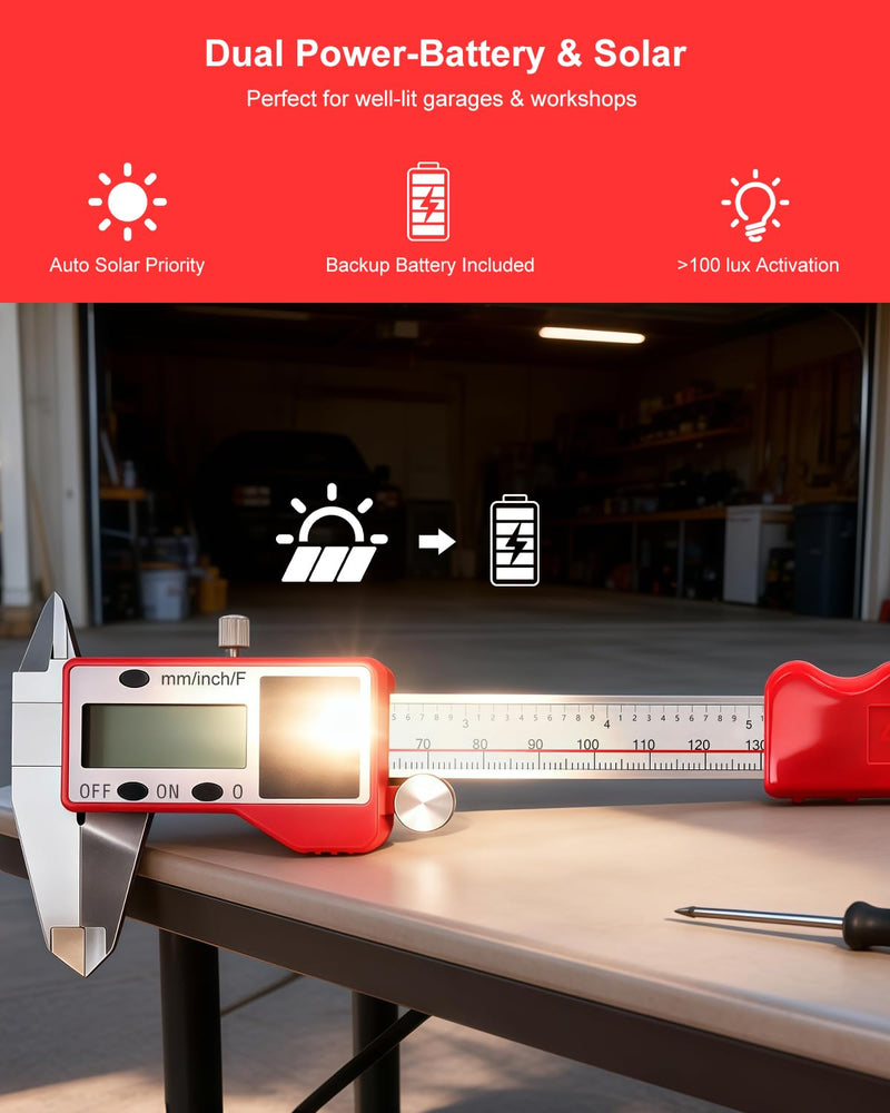 GODESON Solar Powered Digital Caliper, 6“ Digital Calipers with 0.001" Accuracy Stainless Steel, 3 Units Inch/mm/Fraction, 5 Modes Including Differential, for DIY Woodworking Metalworking 3D Printing