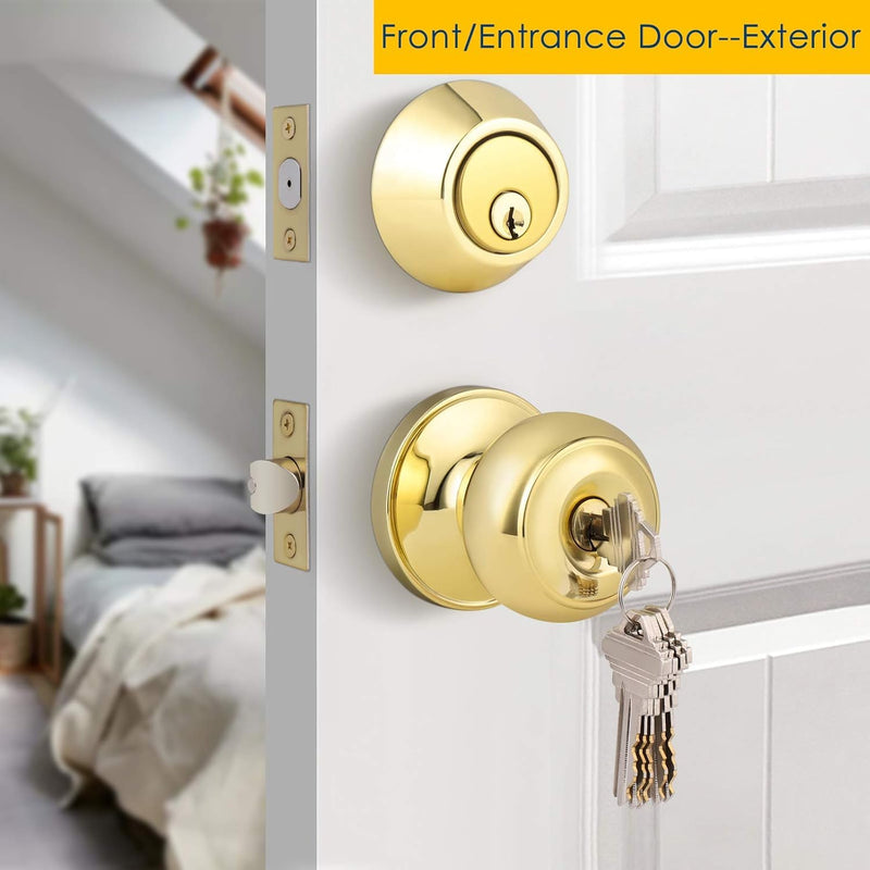 2 Pack Polished Brass Round Entry Door Knobs and Deadbolt Combination Set, Keyed Alike Double Cylinder Deadbolt Door Lock Set 2