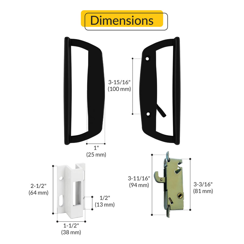 Brixwell Patio Door Handle Set with Keeper and Lock, Black Finish Metal Construction, Sliding Door Hardware Replacement, 3-15/16" Hole Spacing, Fits Residential and Commercial Patio Door Systems