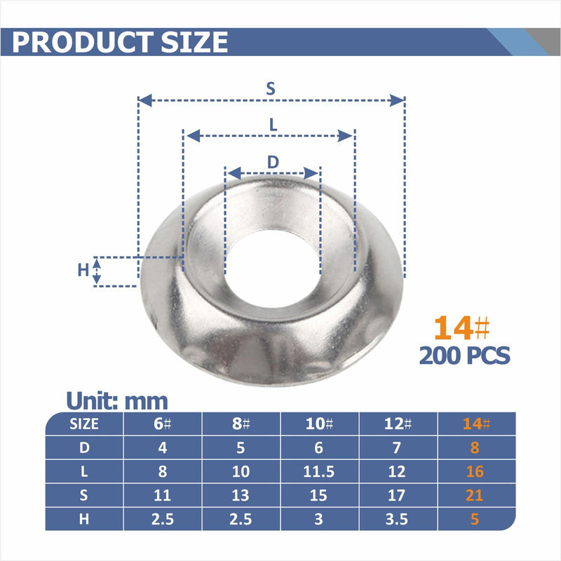 200 Pcs #14 Countersunk Finish Washers, 304 Stainless Steel Finishing Cup Washers, Decorative Screw Cup Washers for Marine Hardware, Boat Deck Accessories, Silver 14#