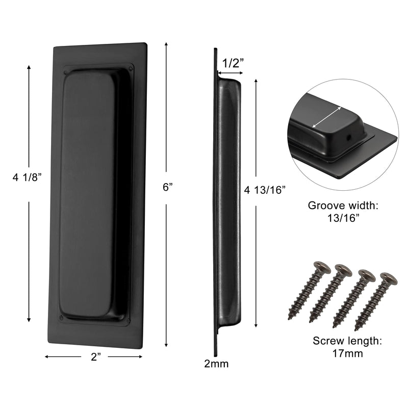 Recessed Door Handles Finger Flush Pulls, 6 Inch Black Pocket Door Pull Hardware, Rectangular Stainless Steel Sliding Closet Handles (2 Pack) Stainless Steel Black(2 Pack)