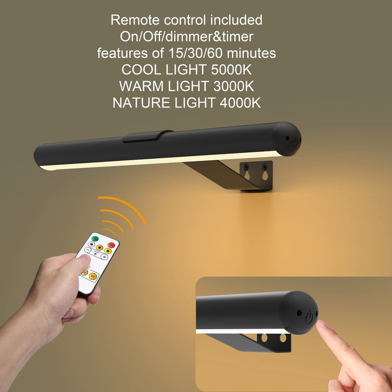 Rechargeable Picture Light with Remote,Wireless Battery Painting Light with 3 Lighting Colors,Art Light Display Lamp with Dimmable Timer, Full Metal Picture Light for Picture Gallery Dart Black-1pack 13inch