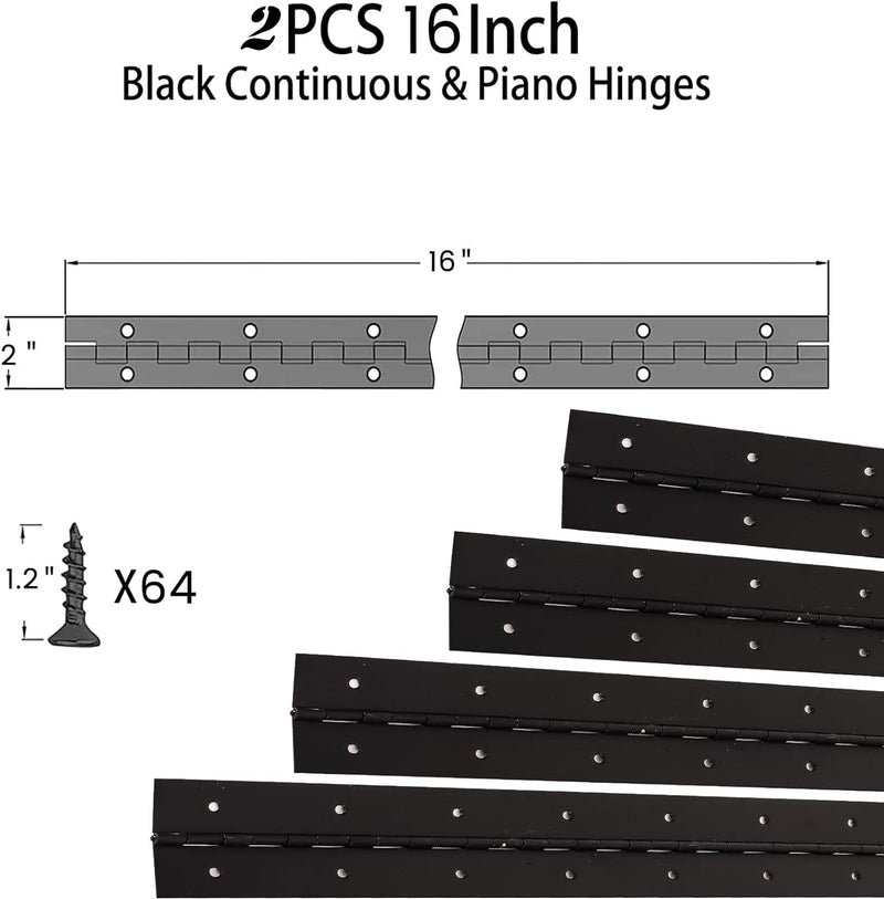 16-Inch Black Continuous & Piano Hinges - 2 Pack Heavy Duty Stainless Steel Butt Hinges with Hole - 0.05" Thickness, 2" Open Width - Ideal for Folding Cabinet Doors - Includes 32pcs Screws