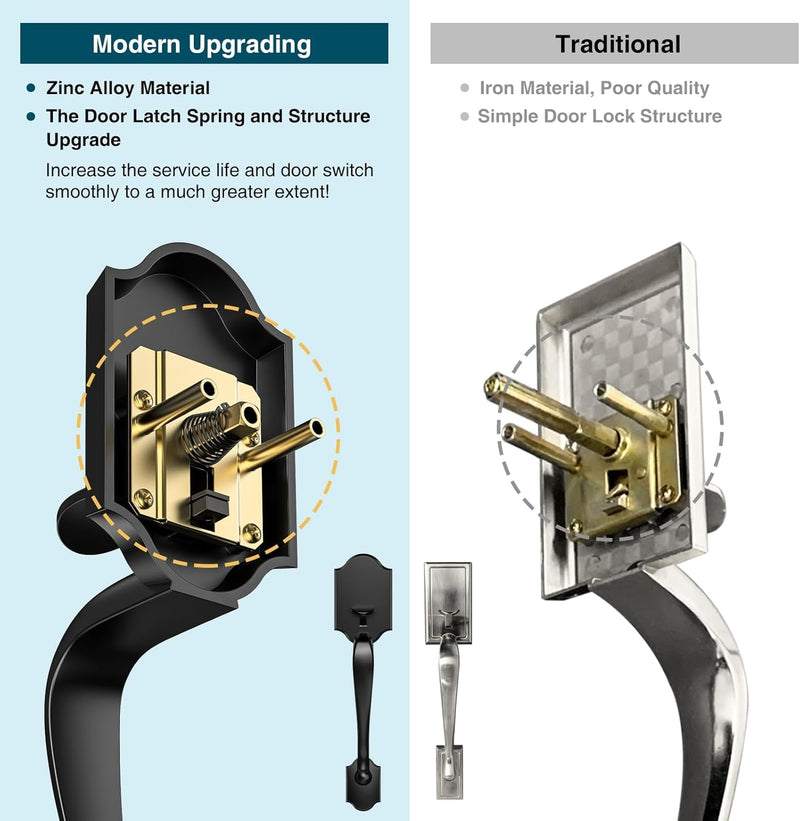 Black Front Door Handle and Deadbolt Set, Front Door Lock Set with Crystal Glass Door Knob, Entry Door Lock Set with Single Cylinder, Reversible for Right & Left, Matte Black Classic