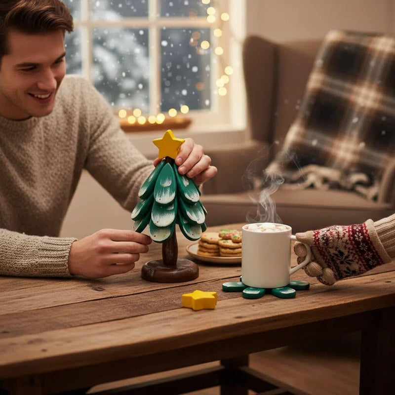 Christmas Tree Shaped Coasters and Trivet Set, 3-Piece Folding Wooden Mat for Drinks,Plates,Pots,Automatic Unfolding Design Table Protection Coasters Practical Gift Idea for Christmas