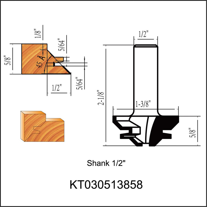 KEENTECH Router Bits, 45-Degree Lock Miter Router Bit for Joinery, Industrial Grade Cutting Tools for Woodworking (1/2 Inch Shank x 1-3/8 Inch Diameter x 5/8 Inch Depth, KT030513858)