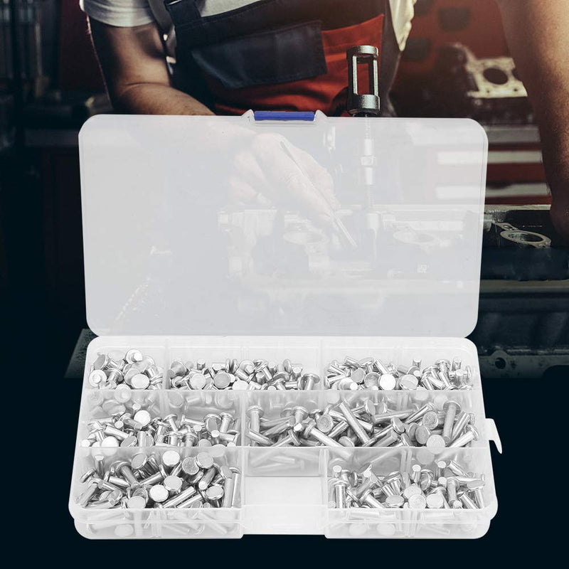 Solid Rivet Kit M4 Flat Head, 350Pcs Aluminum Rivets Assortment Kit, Multiple Aluminum Rivets Length 4/6/8/10/12/16/20mm, Solid Rivets Assortment Kit with Plastic Box
