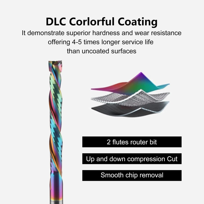 Extra Long Spiral Router Bits Up Down Compression Bit with DLC Coating, 1/4 inch Cutting Dia, 2" Cutting Length,1/4 inch Shank Solid Carbide CNC End Mill for Wood Carving Engraving Grinding Grooving