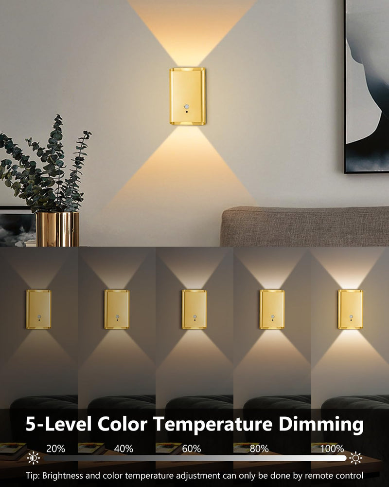 Rechargeable Motion Sensor Wall Sconce Set of 2 – 5000mAh Wireless Battery Operated Wall Light Indoor,3 Colors Up/Down Lighting Magnetic Night Light with Remote Control for Bedroom,Hallway (Gold) Gold 2 Pack