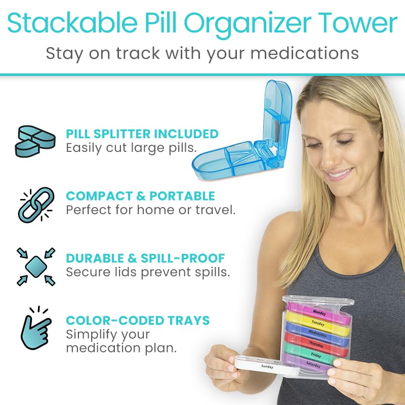 Vive Stackable Pill Organizer Tower with Pill Cutter, Splitter - 7 Days 4 Times A Day - Dispenser for Vitamins, Supplements and Medication - Weekly Stacking Pill Box Container with Travel Case