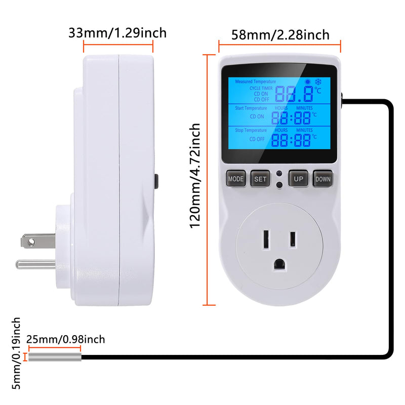 UMLIFE 2Pack Digital Thermostat Temperature Controller Electric Digital Thermostat Heating Cooling Control Mode Timer 1800W 120V 15A Greenhouse Heater with Thermostat Backlit Display 2PCS