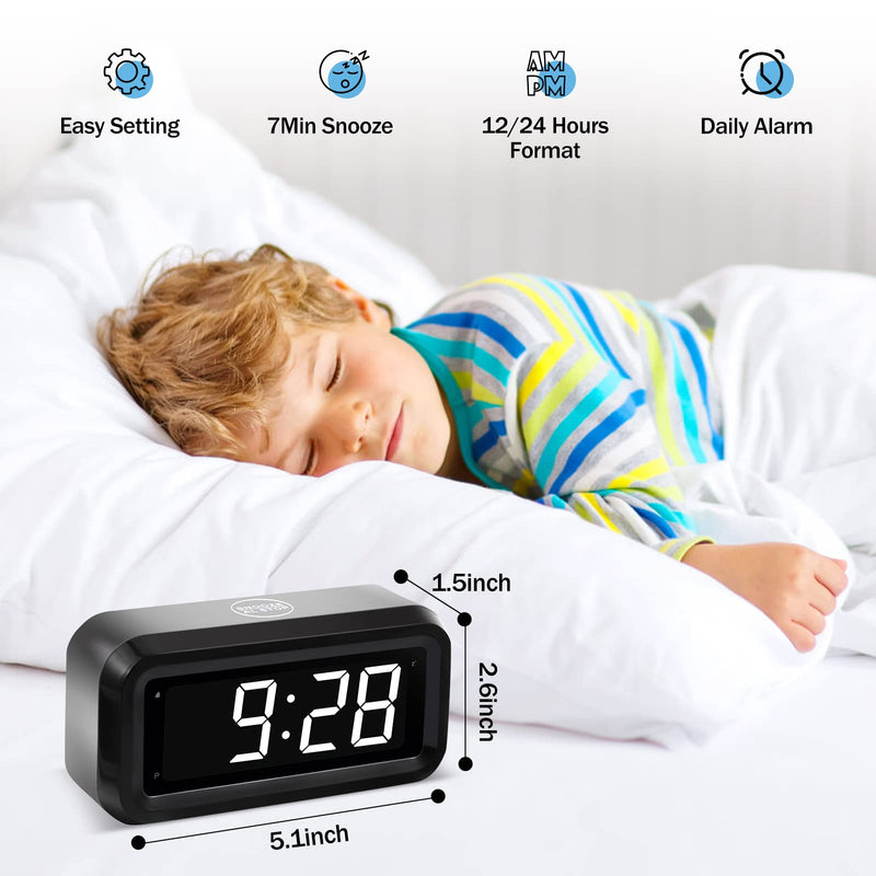 Digital Alarm Clock Battery Operated with LED Display for Bedrooms, Long Battery Life for 12 Months, 3 Brightness Adjustable, 12/24 Hour, Snooze, Black Case with White Digits Black-white