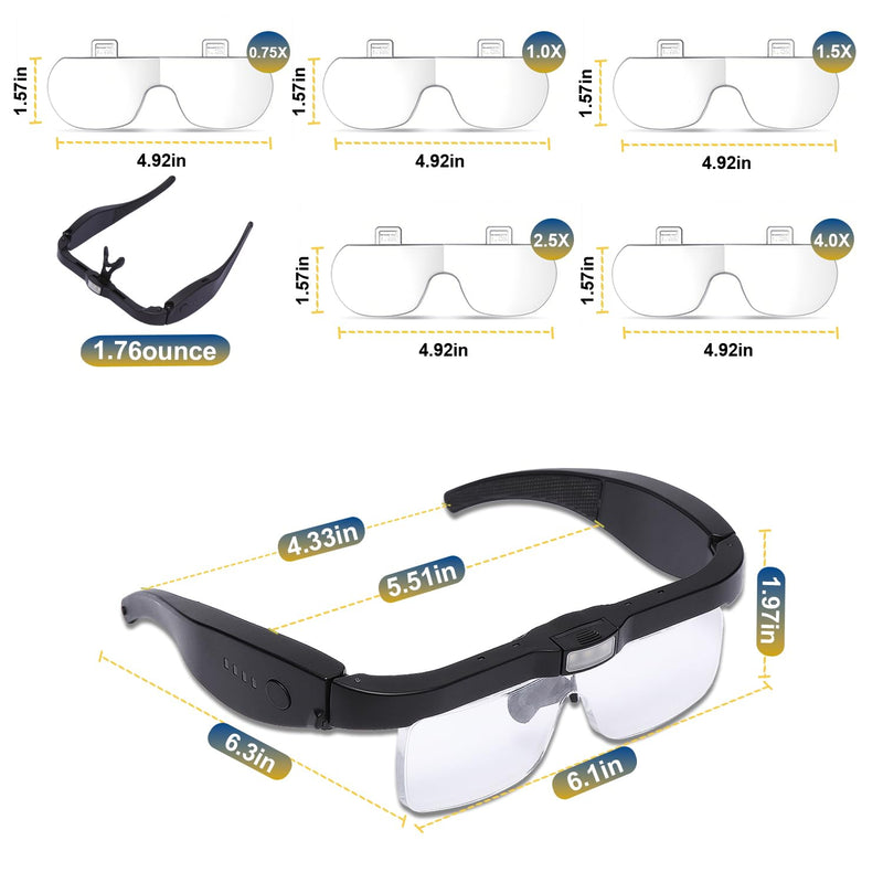 Professional Magnifying Glasses Headset with 5 Detachable Lenses 0.75X-4.0X & 3 LED Lights, Rechargeable Hands-Free Headband Magnifier for Close Work, Jewelry Crafts Hobby Black