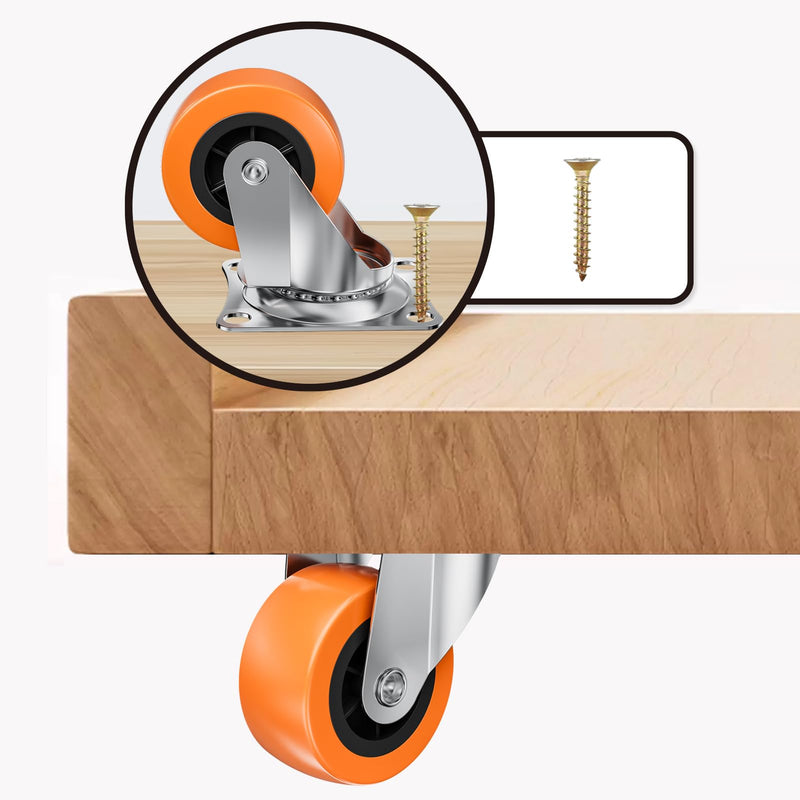 1.5 Inch Casters, ASHGOOB Caster Wheels/Casters Set of 8, 360° Swivel Universal Plate Caster Wheels for Storage Box/Small Furniture/Kitchen Appliances, Orange Polyurethane (PU) Castors (8 Pack) 1.5inch 8p
