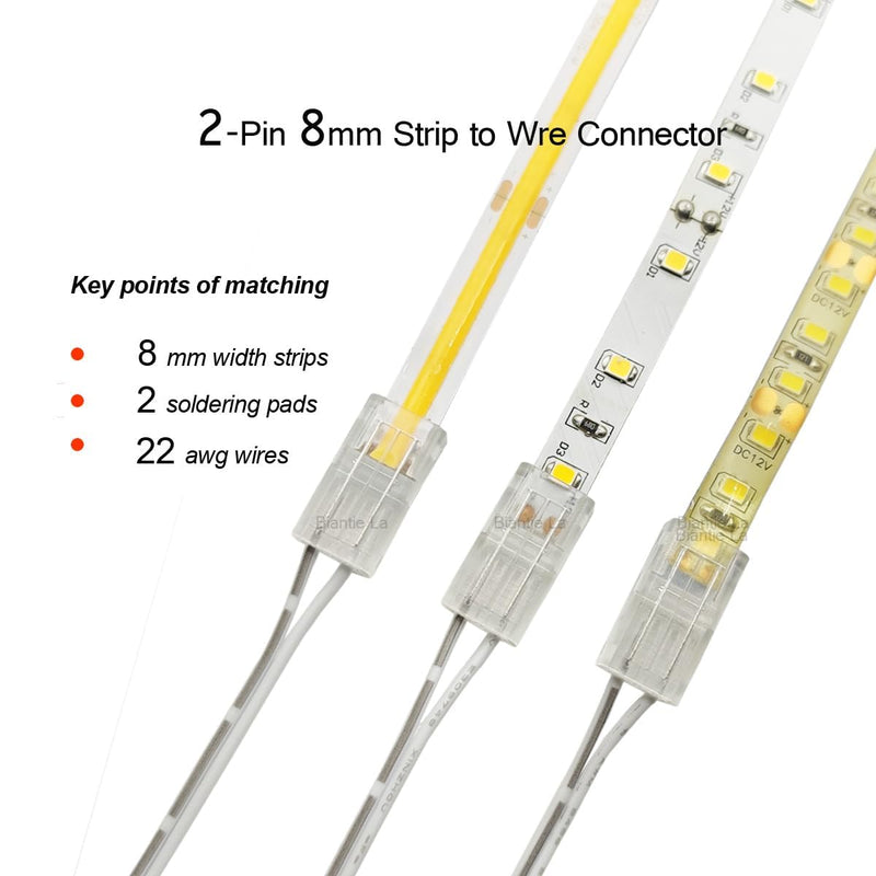 2-Pin 8mm COB Strip to Wire Connector Unwired Clips Solderless Adapter Terminal Extension Connection for High Density LED Strips Lights 12V 24V (Pack of 10)
