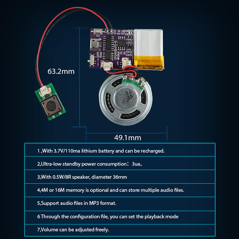 Voice Module,MP3 Music Sound Chips, 16MB Sound Module for Crafts, Christmas, New Year Greeting Cards, Box with Speaker Lithium Battery Powered and USB Cable. (JR-JX7004-Push Button - 2P) JR-JX7004-Push Button - 2P