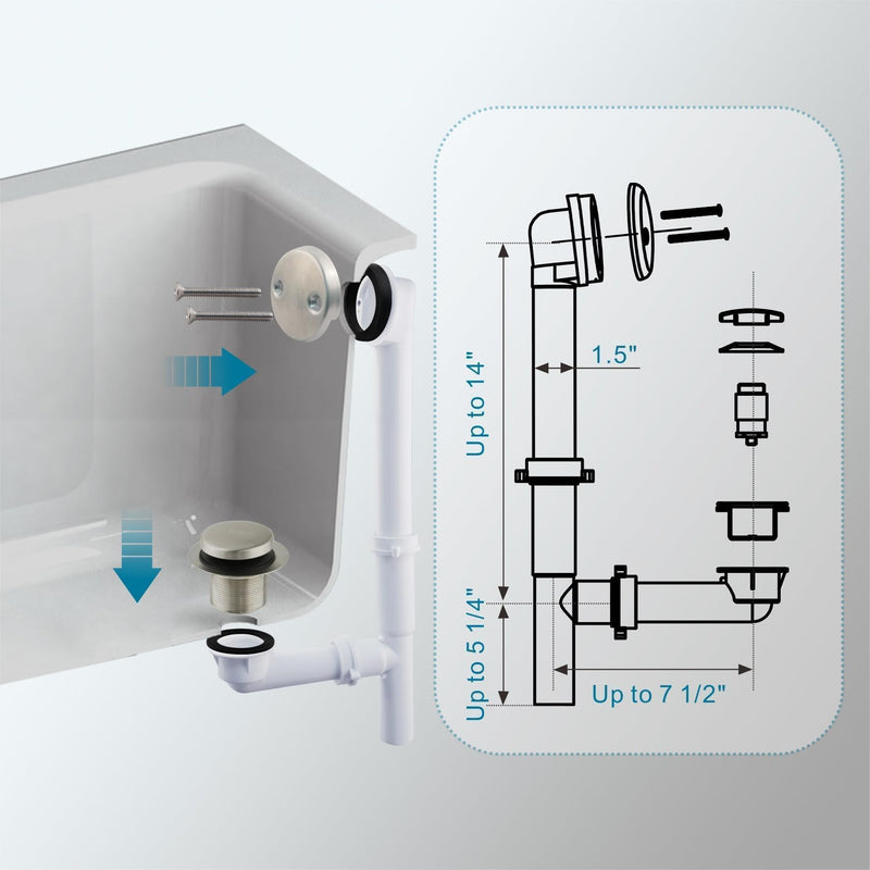 Tubular Bath Tub Drain Kit 1-1/2" with Brushed Tip-Toe Bathtub Drain Stopper, Welsan Touch-Toe Bath Plug Waste and Overflow Face Plate, PVC Plastic Pipe (Brushed Nickel)