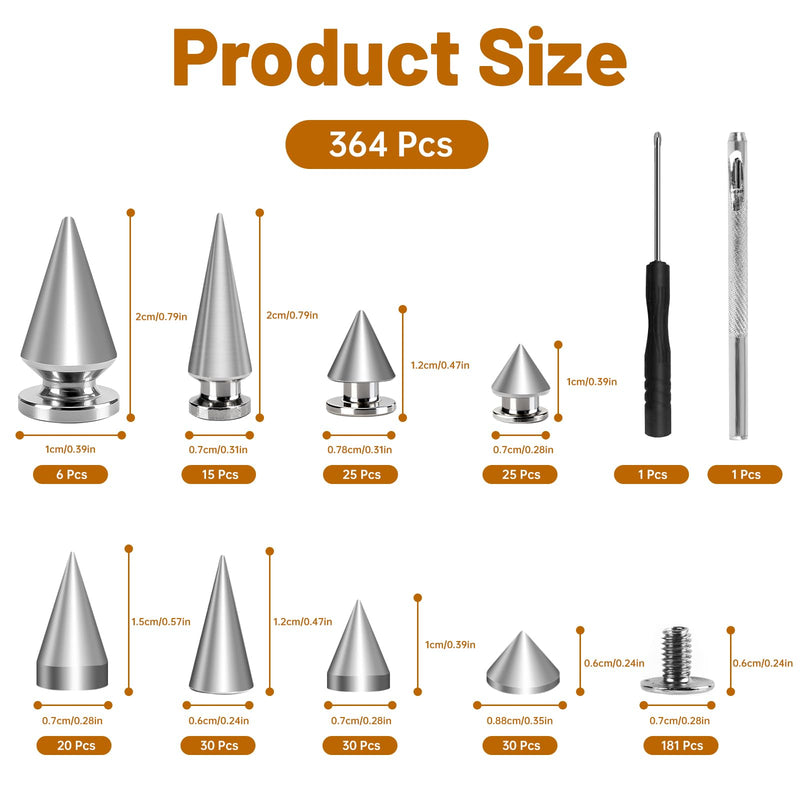 364 Pcs Punk Spikes and Studs Kit, 8 Sizes Metal Cone Spikes and Studs Rivets for Clothing Leathercraft DIY Craft