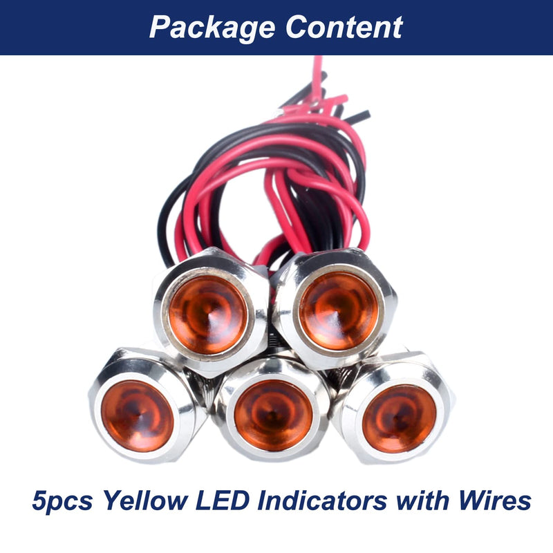 5 Pcs 12mm 110V-220VAC Metal LED Indicator Light Mounting Hole 1/2" 20mA Energy Saving Signal lamp Waterproof IP67 with Wire for machine tools household appliances etc.(12mm Yellow) - NewNest Australia