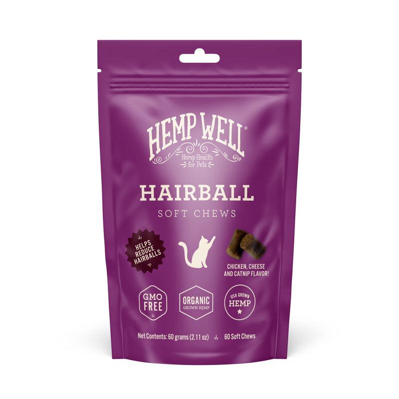 Hemp Well Cat Hairball Soft Chews for Cats, Hairball Control & Digestive Support, Organic Hemp Seed Powder, Pumpkin Seed & Psyllium Fiber, Skin & Coat Support, Chicken Cheese & Catnip Flavor, 60 Ct 2.11 Ounce (Pack of 1)