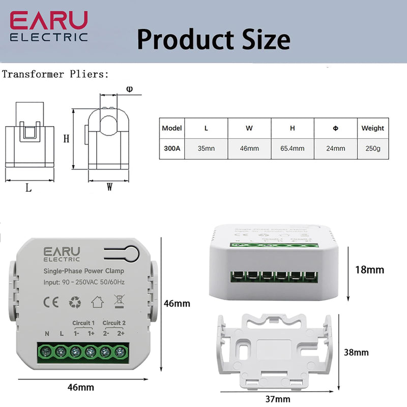 AC110V 220V 300A Tuya App Smart Two-Way Bilateral WiFi Energy Meter with 2PCS 300A 24MM CT Current Transformers Clamps Sensors KWh Power Eenrgy Electricity Consumption Monitor Meter Voltmeter Ammeter 300A(CT Diameter 24MM)