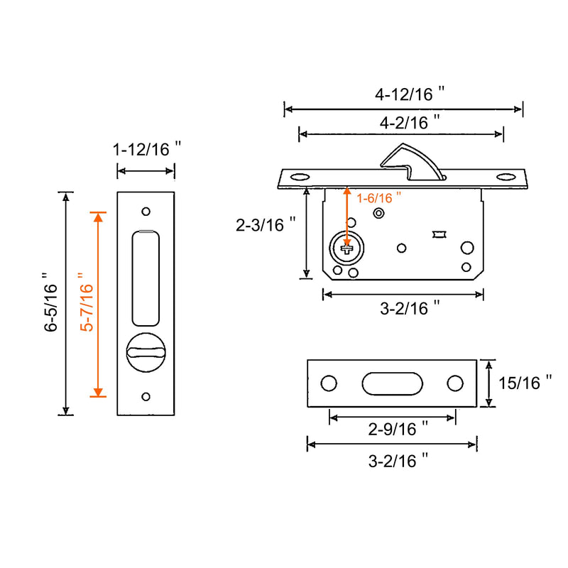 Hoconnie 6.3” Privacy Pocket Door Lock Hardware, Sliding Door Lock, Bathroom Mortise Lock, Invisible Furniture Hardware for 1-7/16” ~ 1-15/16” Thickness Door Matte Black 6.3''-Keyless