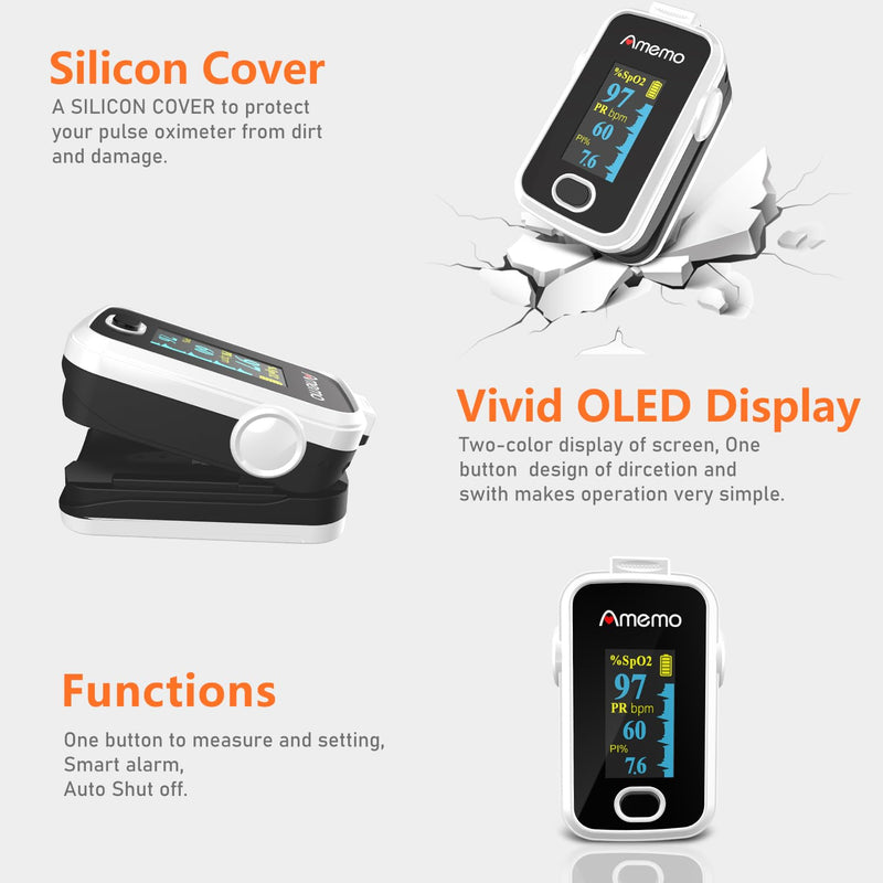 Pulse Oximeter,OLED Display Oxygen Monitor Fingertip,Blood Oxygen Saturation Monitor(SpO2) with Carrying Case,Silicone Cover White