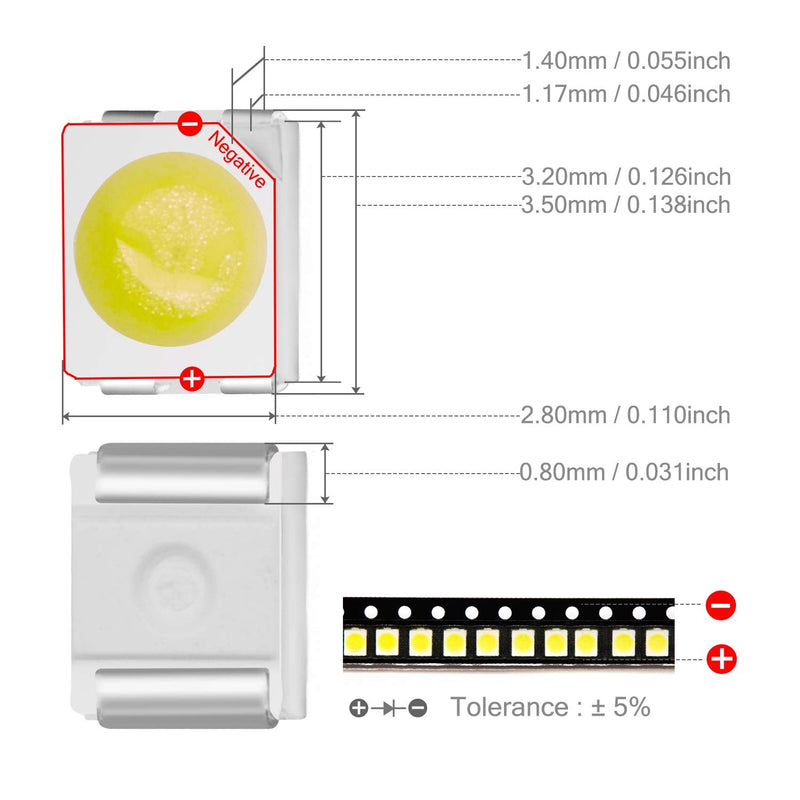 CHANZON 100 pcs 3528 (1210) White SMD LED Diode Lights Chips (Surface Mount PLCC 3.5mmx2.8mm DC 3V 20mA 7-8LM) High Intensity Bright Lighting Bulb Lamps Electronics Components Light Emitting Diodes A) White (100pcs)