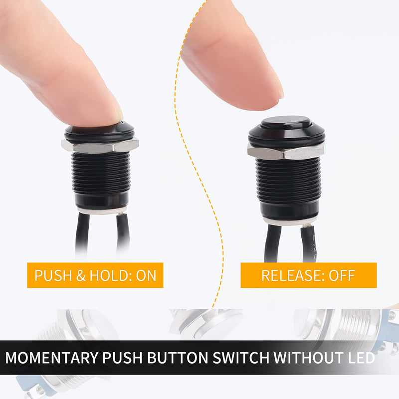 STARELO 5pcs 12mm Momentary Push Button Switch Black Shell with pre-Wiring, IP65 Waterproof Push Button Switch,Aluminum Alloy 1 Normally Open Without LED. 12mm Black Shell