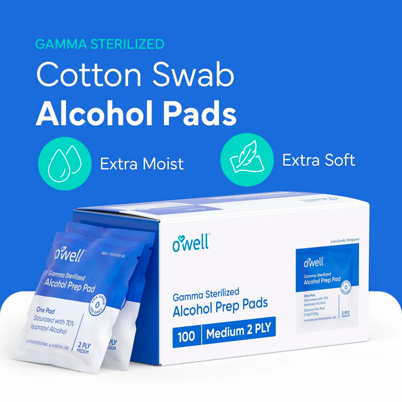 OWELL Alcohol Wipes, Individually Wrapped Alcohol Wipe, Medical & Professional Sterile Alcohol Prep Pads, Medium 2-Ply Medical Alcohol Pad for Cleaning Skin, First Aid Kit Alcohol Swabs (100 Count) Medium (Pack of 100)