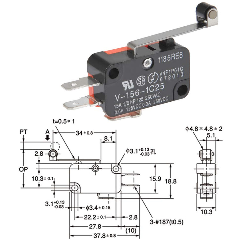 6Pcs V-156-1C25 Micro Limit Switch with Hinge Roller Momentary SPDT Snap Action for Arduino CYT1046