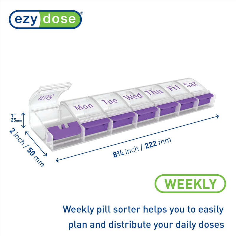EZY DOSE Weekly (7-Day) AM/PM Daily Pill Organizer, Vitamin Case, and Medicine Container, X-Large Compartments, Arthritis Friendly, Convenient with Effortless Portability, Clear/Purple Lids, BPA Free Purple X-Large 8.75"x2"x1"