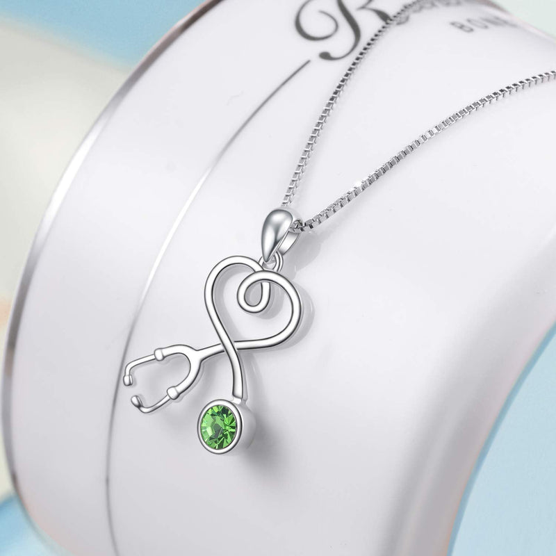 AOBOCO Stethoscope Necklace 925 Sterling Silver Embellished with 12 Months Birthstone Crystals from Austria, Graduation Gifts Medical Jewelry for Doctor Nurse Medical Student RN 925 Silver - Peridot Green