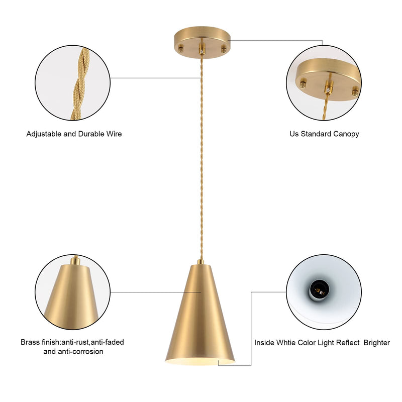 Gold Pendant Lights Kitchen Island,Dining Room Light Fixtures Over Table 3 Pack with Brushed Brass Cone Metal Shade, Modern Farmhouse Mini Chandeliers,Adjustable Cord Hanging Lighting for Bar,Sink 3Pack Gold